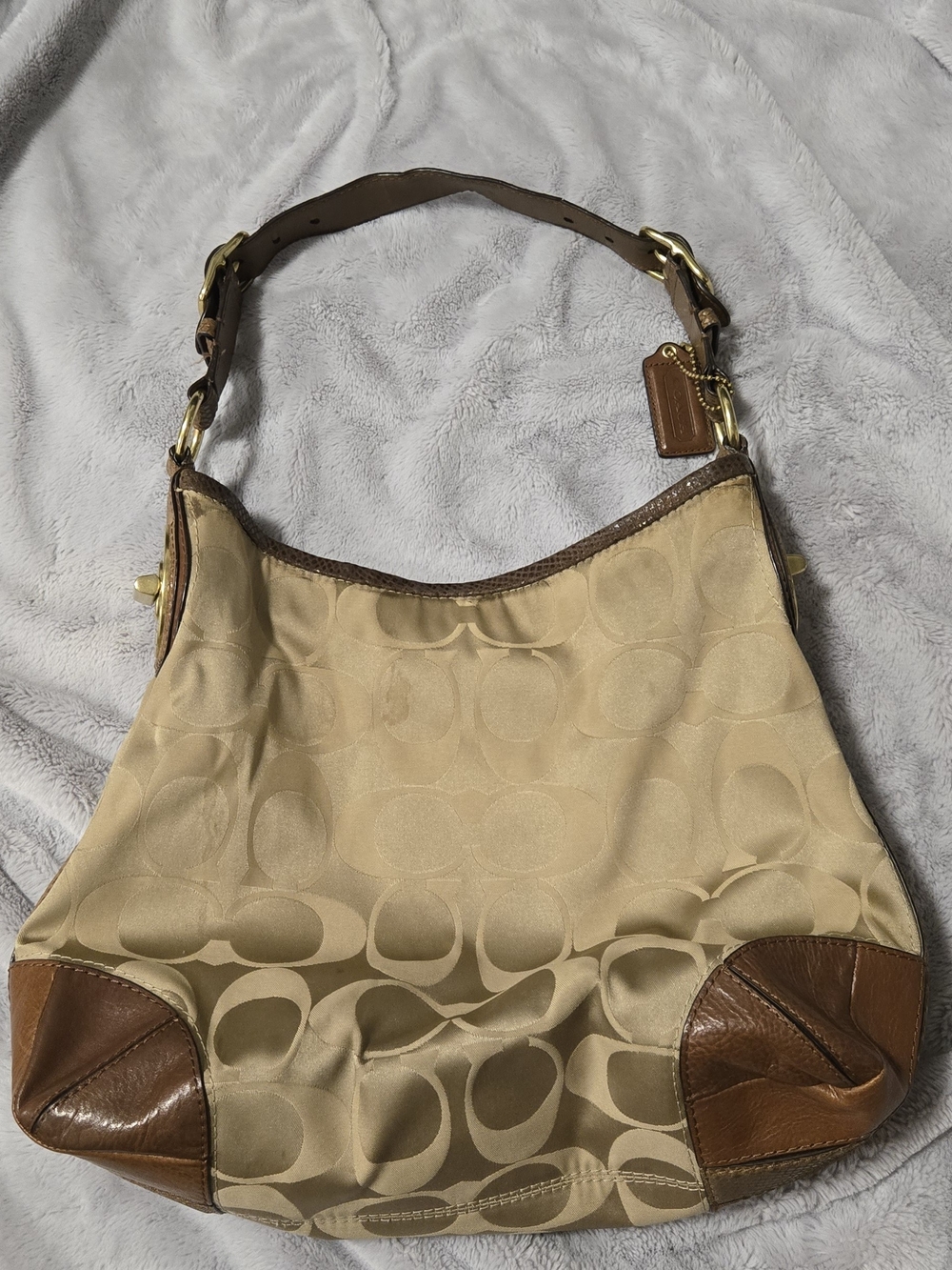 Coach Signature Canvas Hobo Bag in Khaki and Brown